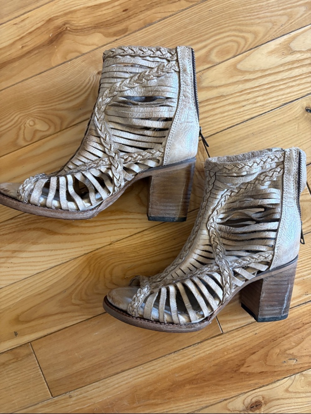 Freebird heeled cage ankle boots in distressed taupe